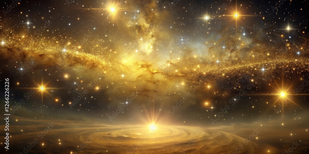 Naklejka premium Elegant Celestial Scene with Golden Galaxy Wallpaper , sophisticated, mystical, sophisticated, mystical, stars
