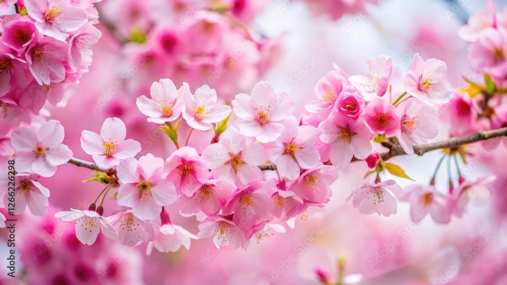 Vibrant pink cherry blossoms in full bloom against a soft white background Vibrant pink cherry blossoms in full bloom against a soft white background