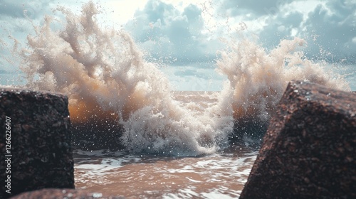 Powerful waves crashing over rocks on a beach