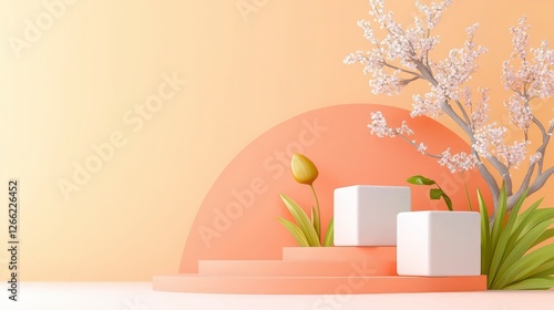 Wallpaper Mural Minimalist Peach   White Cubes  Spring Flowers  Product Display Torontodigital.ca