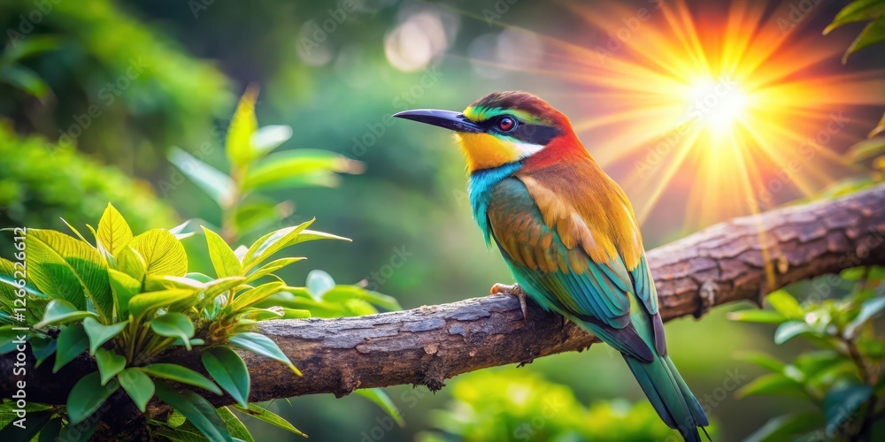 Obraz premium A majestic bird with vibrant plumage perched on a sturdy tree branch, surrounded by lush green foliage and warm sunlight filtering through the leaves , forest life, nature lover