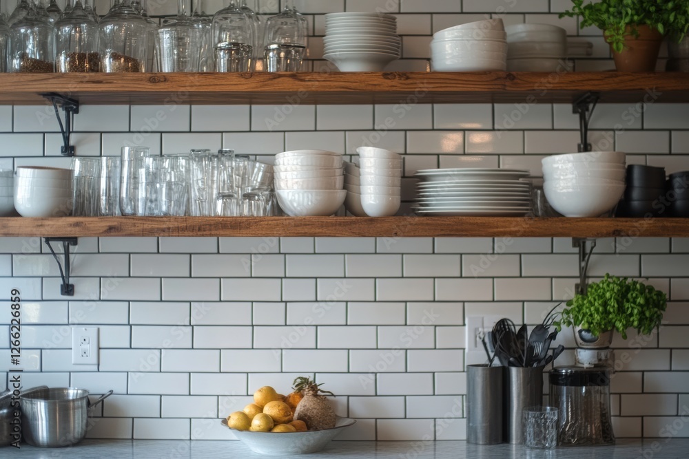 Fototapeta premium Organized kitchen shelves with white dishes and glassware.