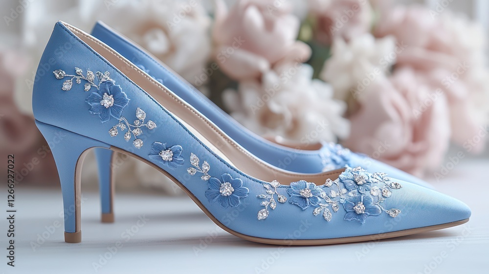 Elegant Blue Bridal Heels Adorned With Delicate Floral Embellishments Elegant Blue Bridal Heels Adorned With Delicate Floral Embellishments