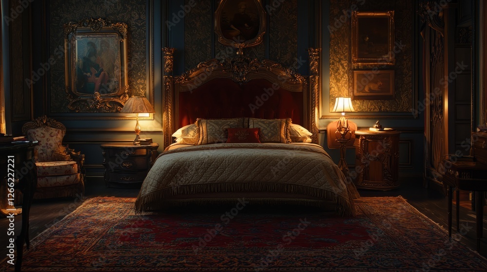 Obraz premium Elegant bedroom with a plush bed, warm lighting, and luxurious decor, copy space.