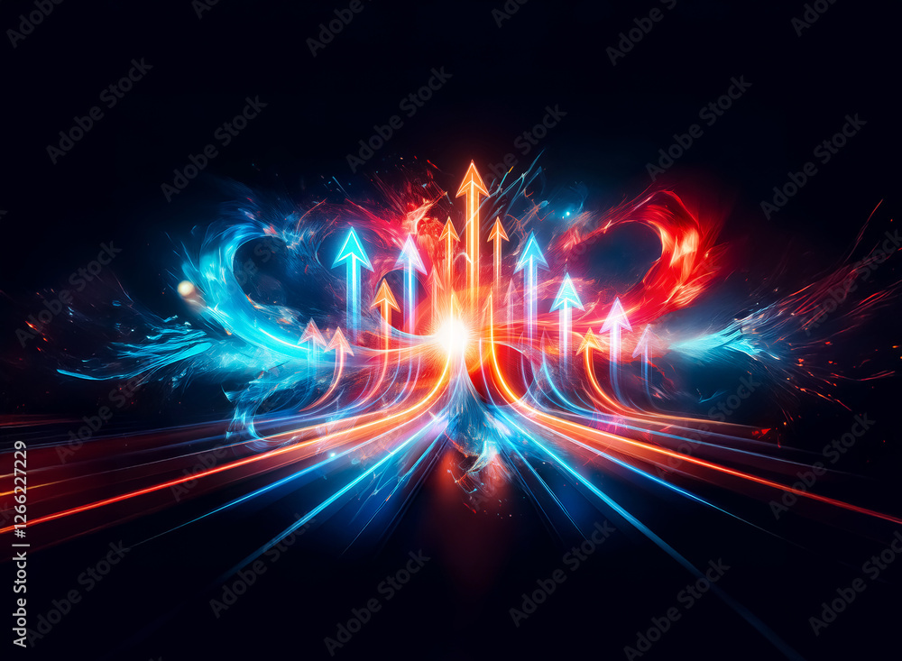 Dynamic energy burst with upward arrows. Vibrant red and blue streaks converge towards a central bright point, symbolizing progress and forward movement. Dynamic energy burst with upward arrows. Vibrant red and blue streaks converge towards a central bright point, symbolizing progress and forward movement.