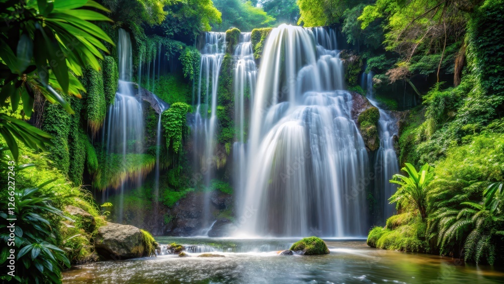 Waterfall cascading through dense foliage, landscape, droplets, landscape, droplets, peaceful, lush, nature, splashing Waterfall cascading through dense foliage, landscape, droplets, landscape, droplets, peaceful, lush, nature, splashing