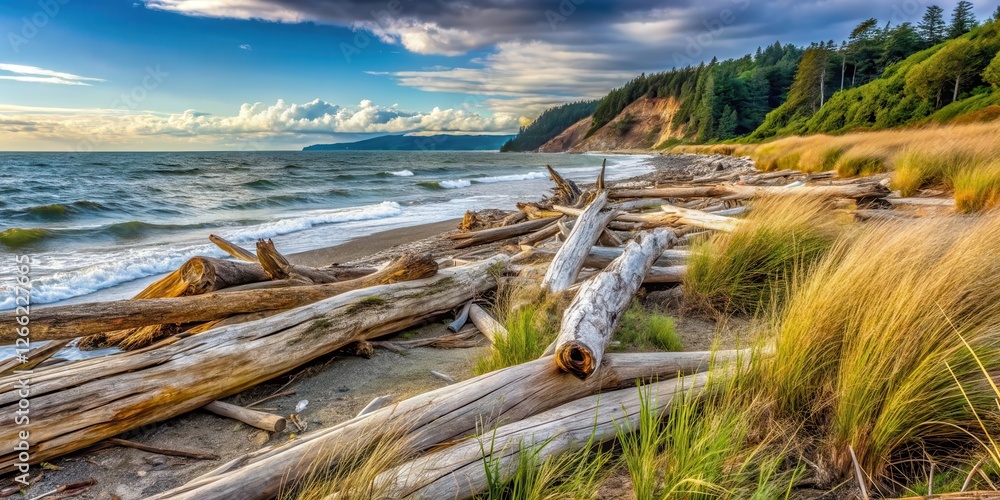 Weathered driftwood pieces scattered along the shoreline at Kayak Point, with beach grasses and ocean waves in the background , weathered wood, ocean waves Weathered driftwood pieces scattered along the shoreline at Kayak Point, with beach grasses and ocean waves in the background , weathered wood, ocean waves