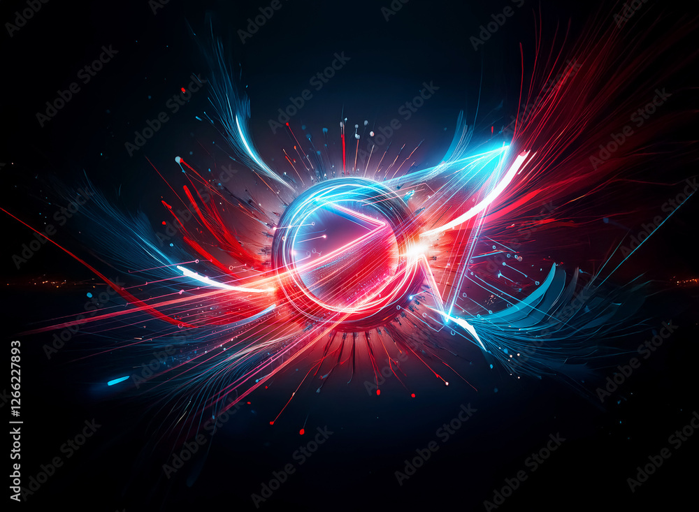 Fototapeta premium Vibrant abstract image featuring dynamic bursts of red and blue light emanating from a central point against a dark backdrop, creating an energetic and modern visual.