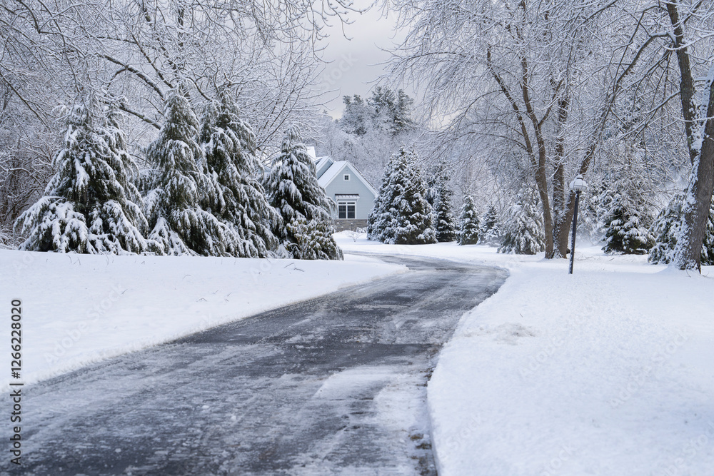 Naklejka premium winter house and driveway after snow storm
