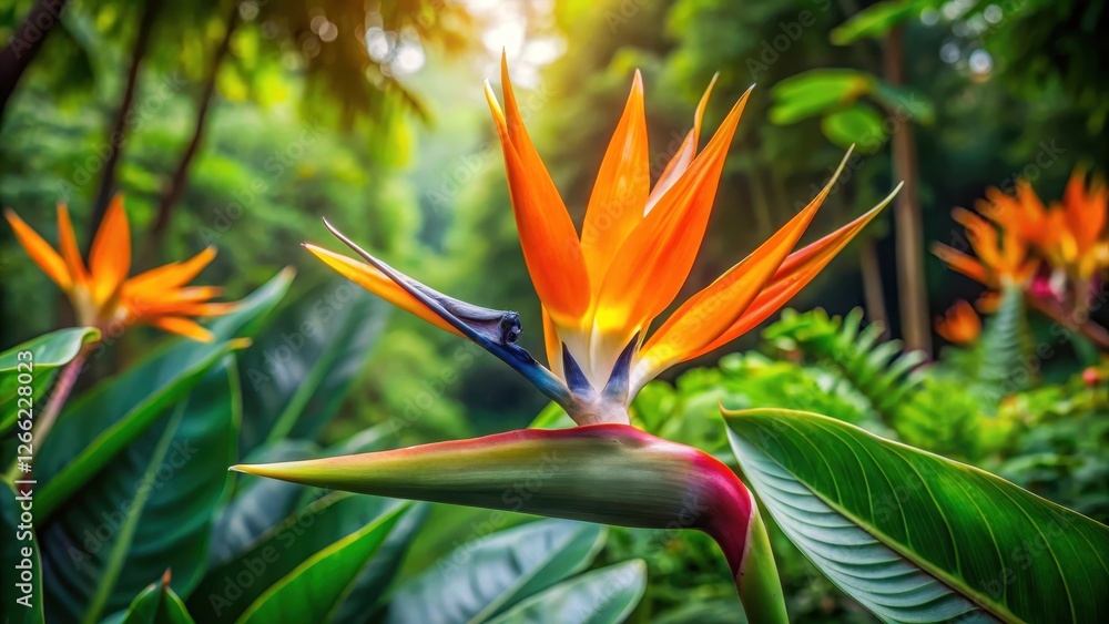 Exotic Strelitzia flower blooms in dense jungle foliage surrounded by lush greenery and vibrant tropical flowers Exotic Strelitzia flower blooms in dense jungle foliage surrounded by lush greenery and vibrant tropical flowers