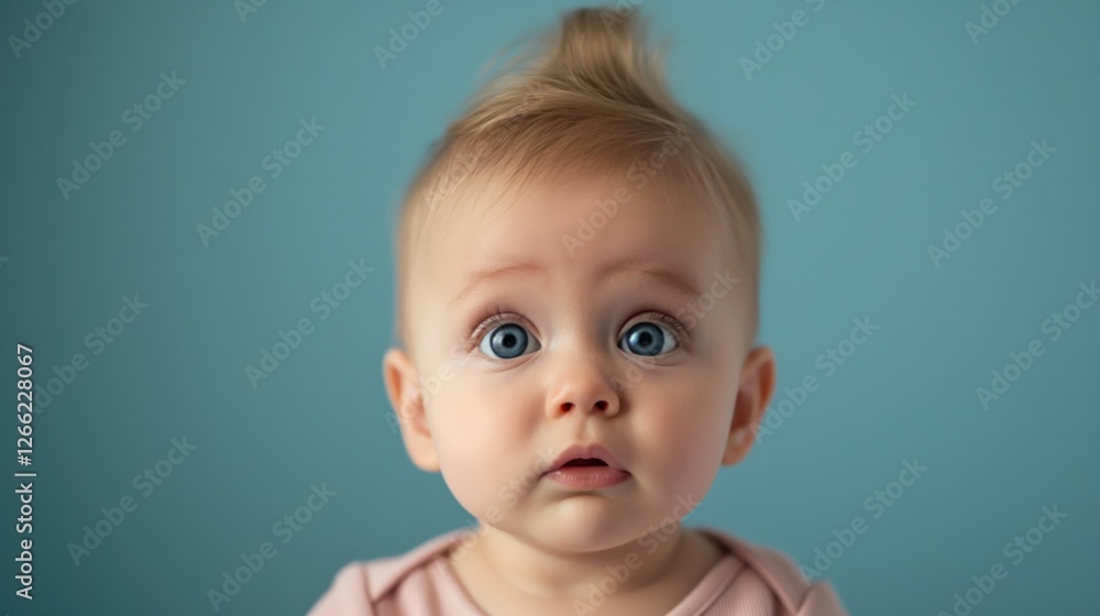 Adorable Baby with Big Blue Eyes on Soft Blue Background Adorable Baby with Big Blue Eyes on Soft Blue Background