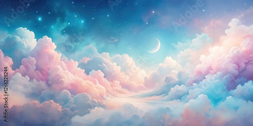 Dreamlike pastel cloudscape at twilight, illuminated by a crescent moon and a celestial sky filled with twinkling stars.