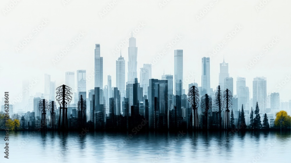 Obraz premium Monochrome Cityscape Skyline Urban Architecture Modern Buildings Waterfront Reflection