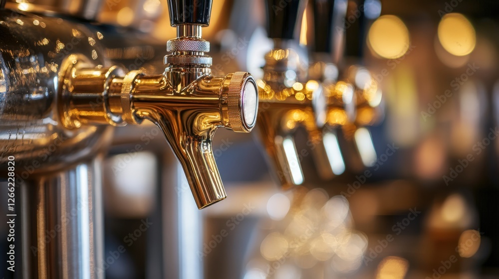 Close-Up of Stylish Beer Taps in Modern Bar with Ambient Lighting Close-Up of Stylish Beer Taps in Modern Bar with Ambient Lighting