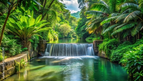 water flow under jungle dam with lush tropical foliage, serene and peaceful atmosphere, greenery and trees surrounding the water, green surroundings, tropical foliage