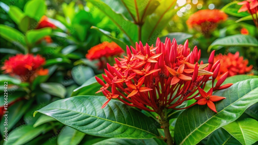 Exotic coral plant with vibrant red flowers and large green leaves in a lush tropical garden setting Exotic coral plant with vibrant red flowers and large green leaves in a lush tropical garden setting