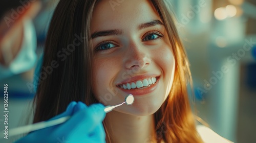 Smiling Young Woman at Dentist Appointment with Modern Dental Tools
