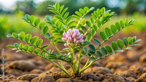 Close-up of herb astragalus plant in field with multiple stems and leaves growing from a single root system, showcasing its unique botanical structure, stem, herb photo