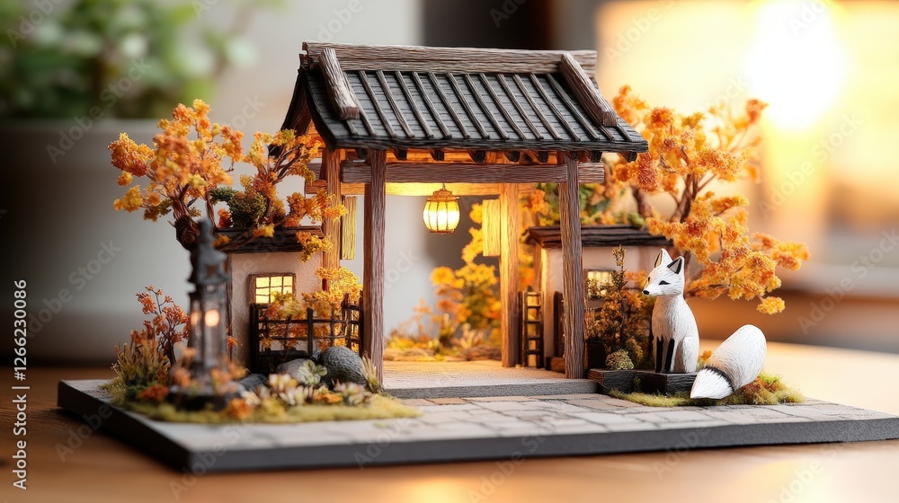 Obraz premium Small house interior with a cat and a miniature japanese diorama on the floor in a cozy setting