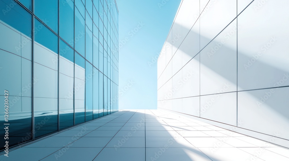 Modern Architecture: Glass and White Walls Meeting Under a Clear Sky Modern Architecture: Glass and White Walls Meeting Under a Clear Sky