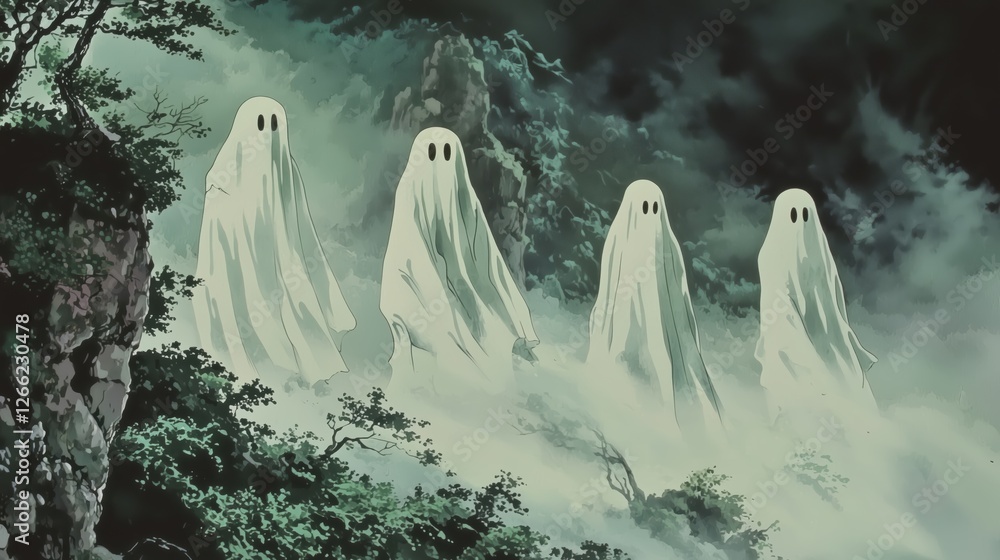 four ghosts float above an abandoned street. dark illustration in anime style.