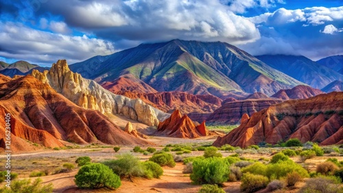 Vibrant rock formations in Quebrada de Cafayate surrounded by majestic Andean mountains, colorful rocks, landscape photography photo