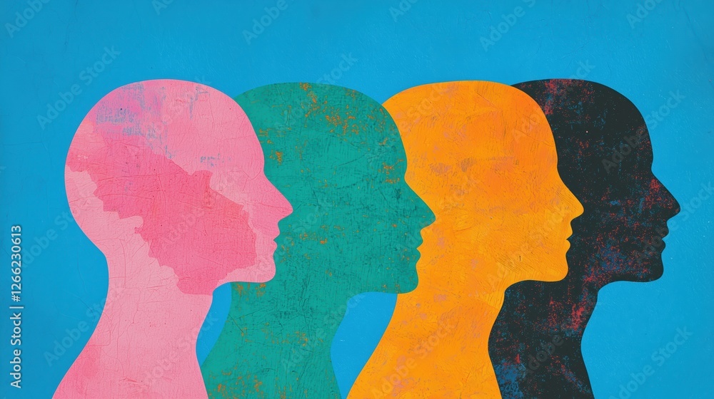 colorful silhouettes of heads lined up in a row. abstract illustration with symbolic meaning.