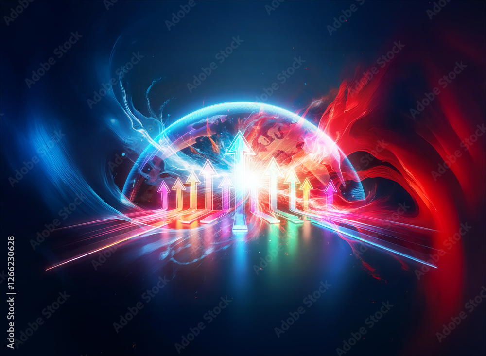 Futuristic abstract artwork with glowing semi-sphere emitting colorful arrows on vibrant blue and red backdrop with light trails. Futuristic abstract artwork with glowing semi-sphere emitting colorful arrows on vibrant blue and red backdrop with light trails.