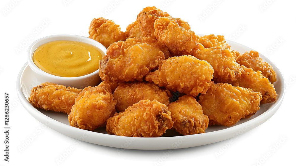 A plate of crispy fried chicken wings with a side of honey mustard dipping sauce A plate of crispy fried chicken wings with a side of honey mustard dipping sauce