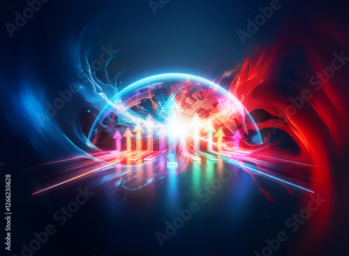 Wallpaper Mural Futuristic abstract artwork with glowing semi-sphere emitting colorful arrows on vibrant blue and red backdrop with light trails. Torontodigital.ca