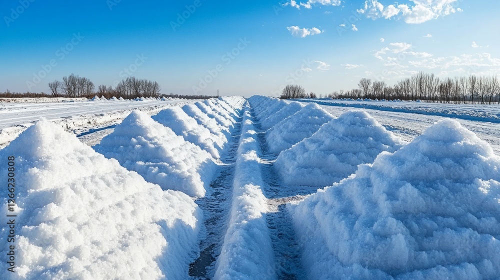 Obraz premium Endless rows of meticulously arranged salt pyramids, their white crystals reflecting sunlight under a bright blue sky