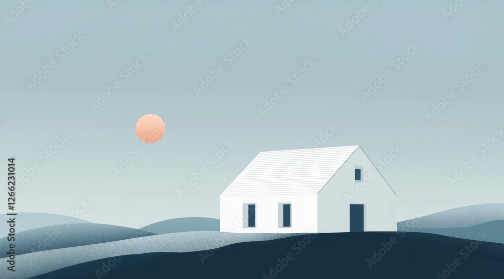 house on a hill by the water. minimalist landscape with a red sun