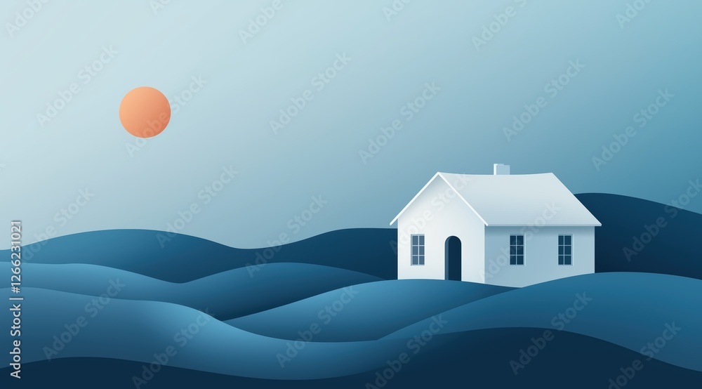 house on a hill by the water. minimalist landscape with a red sun