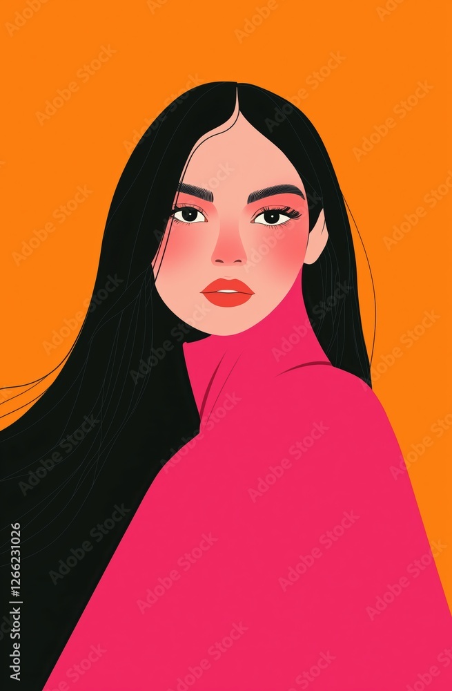 confident woman with long black hair. modern and stylish portrait illustration.