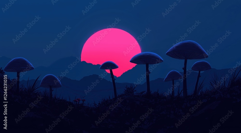 glowing mushrooms in a mystical forest. surreal landscape with a neon pink moon.