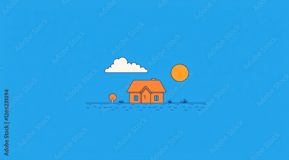 house on a hill in a dreamy blue landscape. minimalistic and peaceful illustration.