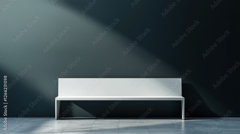 empty white bench in a dark minimalist space. simple and atmospheric composition.