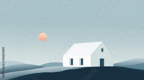 Obraz na płótnie house on a hill by the water. minimalist landscape with a red sun w salonie