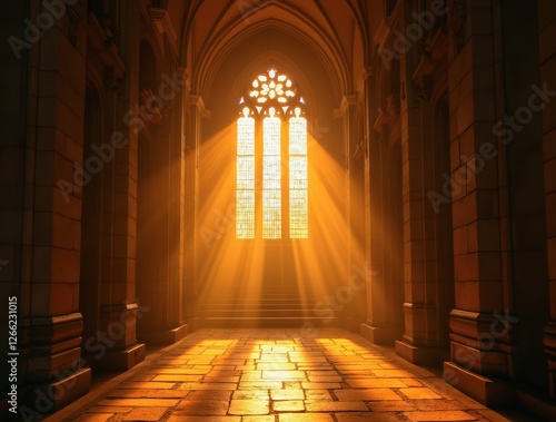 Golden light streaming through cathedral windows photo