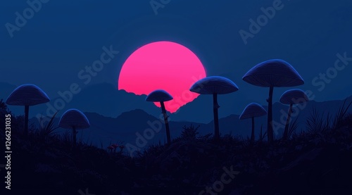Obraz na płótnie glowing mushrooms in a mystical forest. surreal landscape with a neon pink moon. w salonie