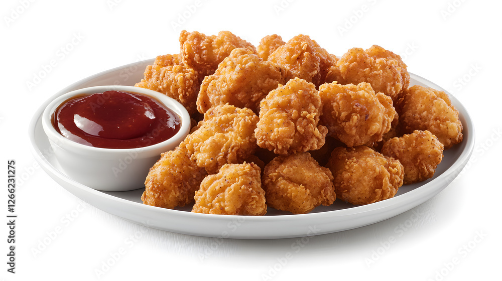 A plate of fried chicken nuggets with sweet and sour sauce for dipping A plate of fried chicken nuggets with sweet and sour sauce for dipping