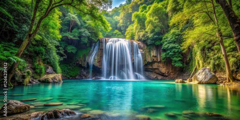 A serene waterfall cascades into a crystal-clear pool amidst an emerald-green forest canopy, with towering trees and vibrant foliage surrounding the scene , natural beauty, woods A serene waterfall cascades into a crystal-clear pool amidst an emerald-green forest canopy, with towering trees and vibrant foliage surrounding the scene , natural beauty, woods