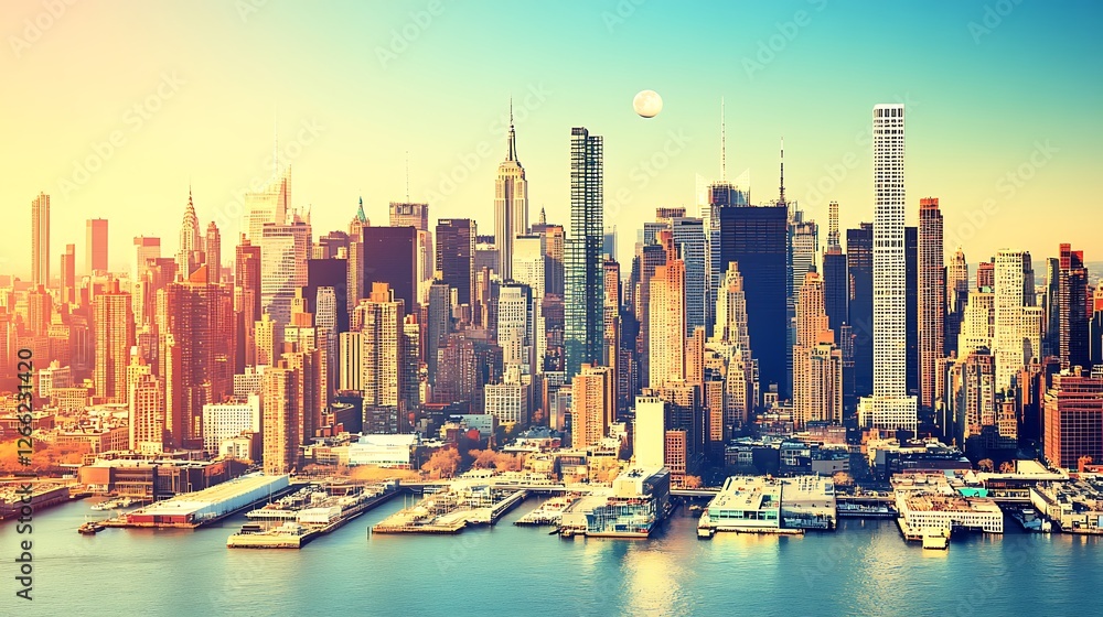 Fototapeta premium NYC sunrise skyline, harbor view