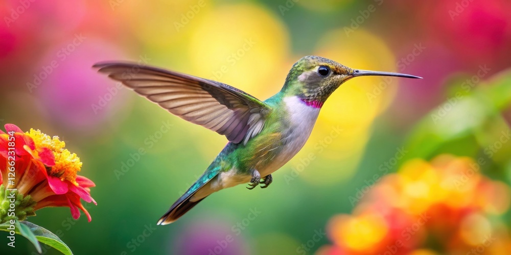 Hummingbird flying gracefully from a vibrant flower, Avian Wonders, Blossoms Hummingbird flying gracefully from a vibrant flower, Avian Wonders, Blossoms