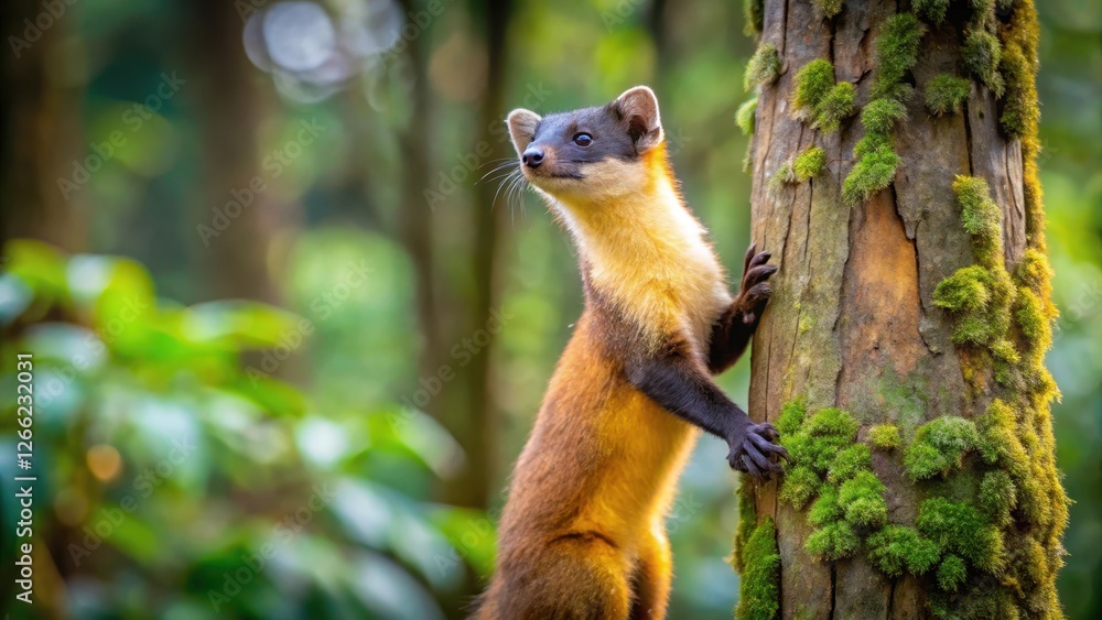 Obraz premium A yellow-throated marten with a brown coat and white markings is seen climbing up a tree trunk in a dense forest of Chitwan National Park in Nepal , Forest Tree, Animal Habitat