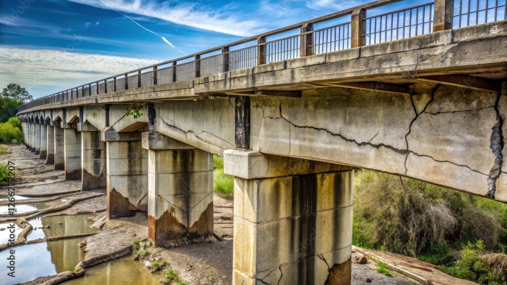 Weathered concrete bridge with extensive cracks and erosion, showcasing decay and neglect over time , weathering, infrastructure deterioration Weathered concrete bridge with extensive cracks and erosion, showcasing decay and neglect over time , weathering, infrastructure deterioration
