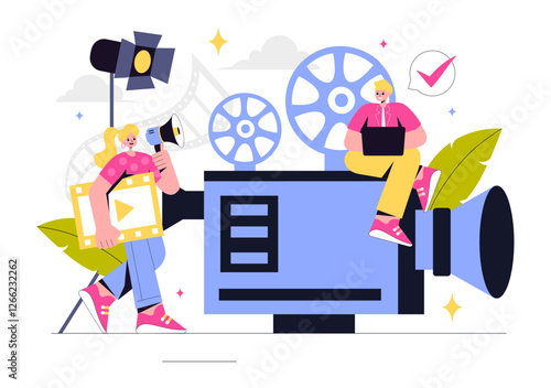 Videography Services Vector Illustration featuring Video Recording Production, Film Making, Videographer Equipment, and the Cinema Industry