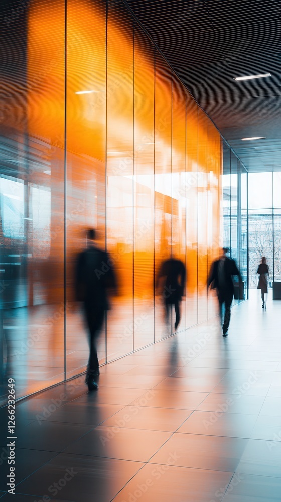 Modern interior of an office building, with glass walls in an orange hue and blurred people walking in motion blur Modern interior of an office building, with glass walls in an orange hue and blurred people walking in motion blur