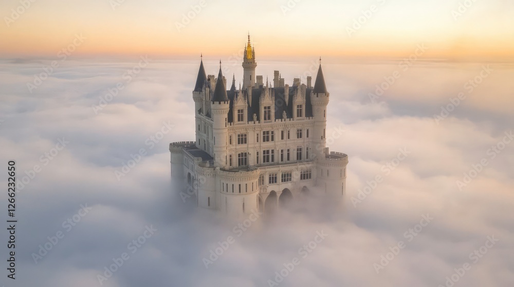 Fototapeta premium Majestic Castle Above Clouds Sunrise Fantasy Fairytale Architecture