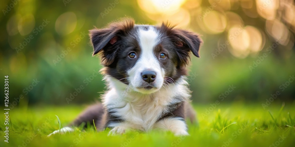 Lying Border Collie Puppy on Green Grass, natural scenery, playful expression Lying Border Collie Puppy on Green Grass, natural scenery, playful expression